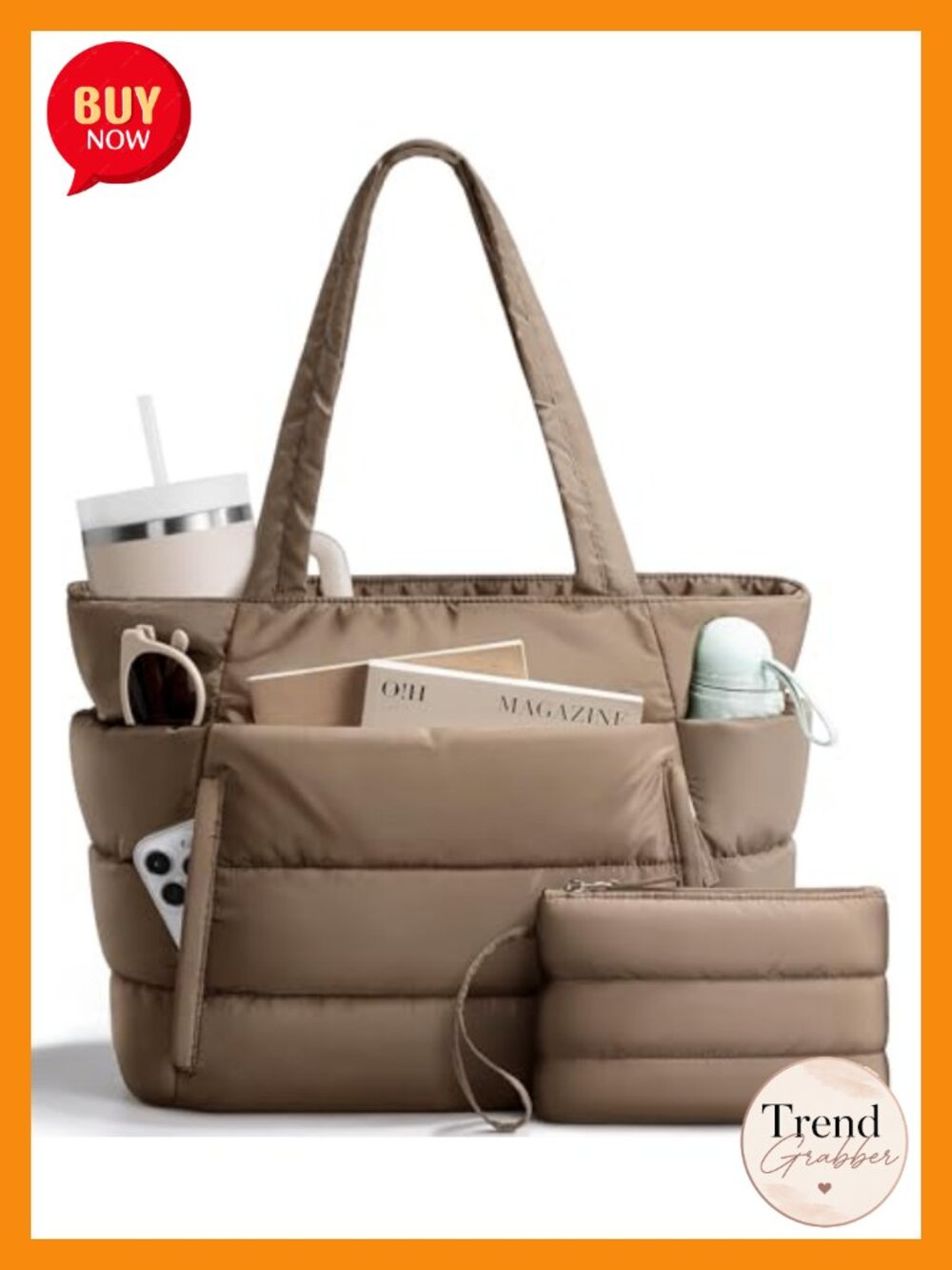 Puffer Tote Bag Lightweight Quilted Polyester Travel Gym Work Shoulder Bag
